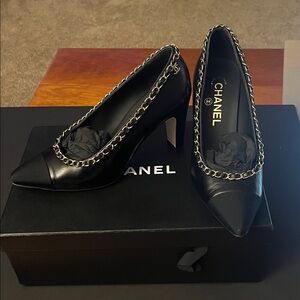 CHANEL Black Heels with Gold Chain Accent